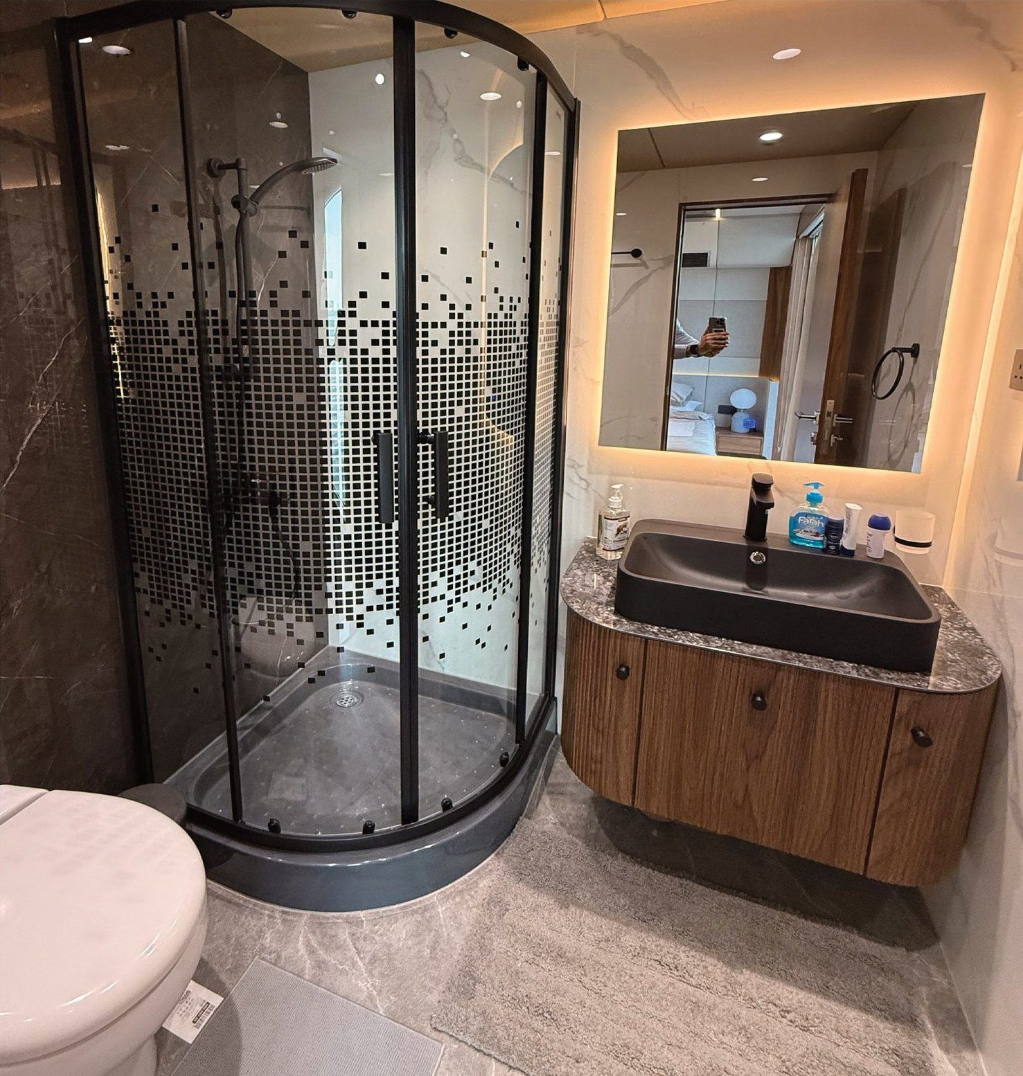 RISE 60 head with glass shower enclosure, stone basin and timber joinery