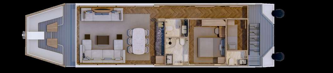 RISE 60 ground deck layout plan showing saloon and dining forward, galley and bathrooms midships, and the master and guest cabins aft