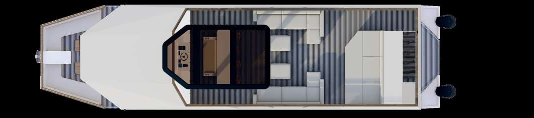 RISE 60 top deck layout plan showing the helm under its hardtop, bar, lounge seating and sunpad